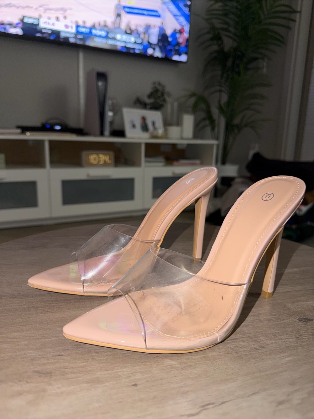 Clear Strap Nude Pointed Toe Stiletto Mule - Women